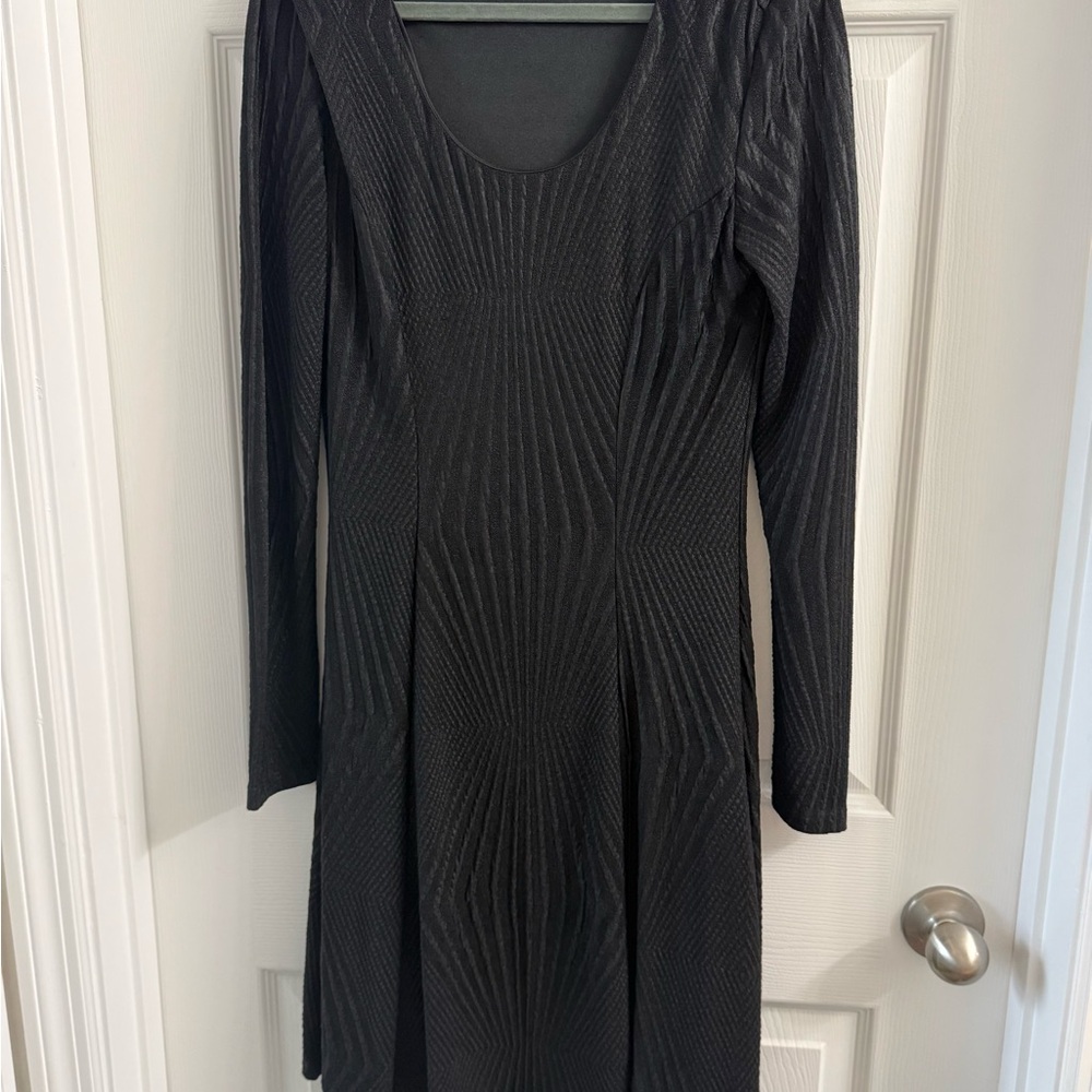 Noir Black Geometric Textured Knit Long Sleeve A-Line Knee Length Dress M